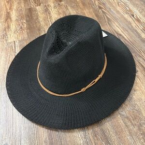 NWT Black Woven Straw Fedora Sun Summer Hat with Tan Band